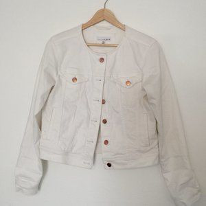 Women's Loft Collarless White Denim Jacket in White Size XS